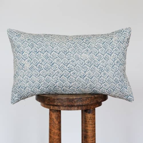 Blue Floral Print on Linen Lumbar Pillow 12x20 | Pillows by Vantage Design