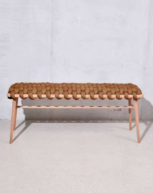 Chocolate Brown Vegan Suede Woven Bench | Benches & Ottomans by Knots Studio. Item composed of wood and fabric