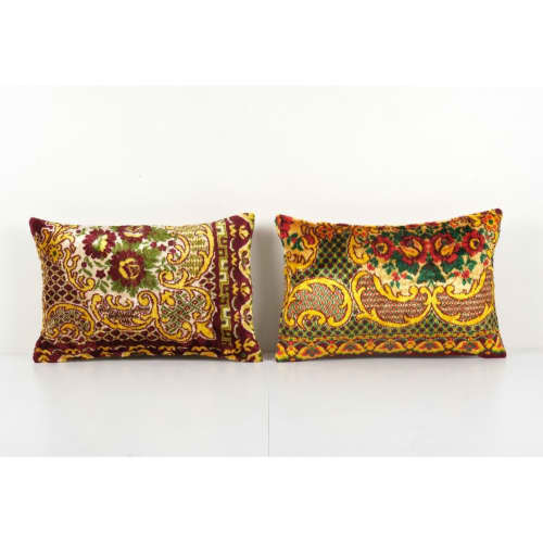 Set of Two Bohemian Lumbar Velvet Cushion Cover, Pair Yellow | Sham in Linens & Bedding by Vintage Pillows Store. Item composed of cotton
