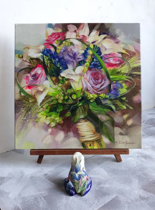 Bridal flowers bouquet canvas painting, Romantic memory | Oil And Acrylic Painting in Paintings by Natart. Item made of canvas with synthetic