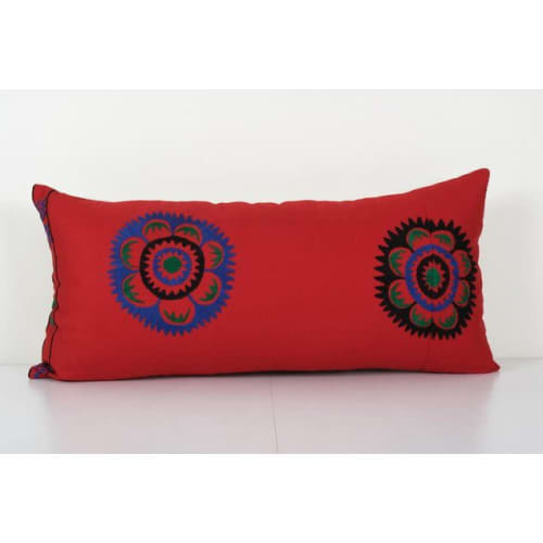 Uzbek Red Suzani Bedding Cushion Cover, Suzani Long Hippie B | Pillows by Vintage Pillows Store