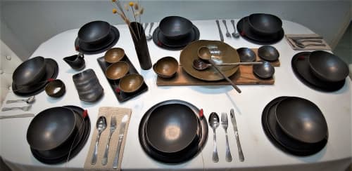 Ceramic Dish Set For 8, Black and Brown Dinnerware Set by