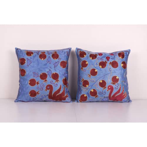 Traditional Navy Blue Silk Suzani from Uzbekistan, Set of Tw | Cushion in Pillows by Vintage Pillows Store