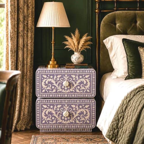 Handmade Bone Inlay Nightstand 2 Drawer Boho Moroccan Bedside Table | Storage by IKKAZA