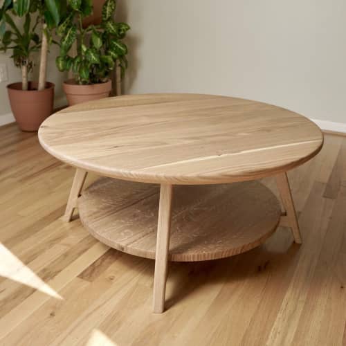 Circular Coffee Table with Shelf | Tables by Crafted Glory. Item made of oak wood works with scandinavian style
