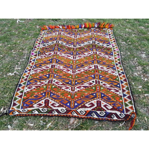 Jajim Kilim Rug, Turkish Anatolian Handembroidered Wool | Area Rug in Rugs by Vintage Pillows Store. Item composed of cotton & fiber