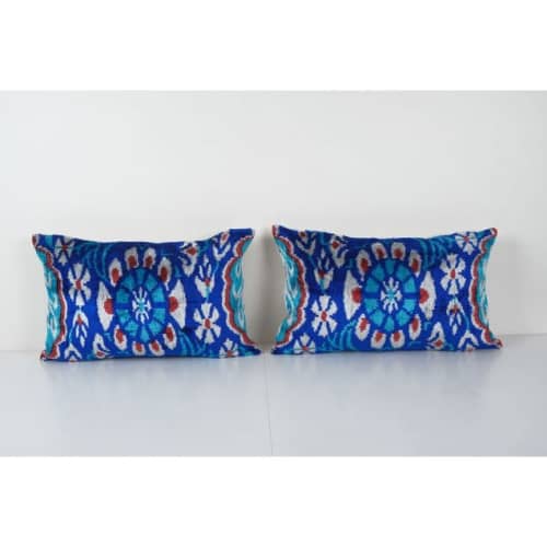 Handmade Ikat Blue Velvet Pillow Set Silk Ikat Decorative by Vintage