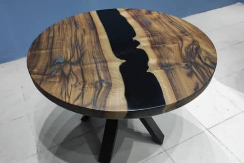 Custom 38 " Round Dark Walnut Wood | Black Epoxy Dining | Dining Table in Tables by LuxuryEpoxyFurniture. Item composed of wood & synthetic
