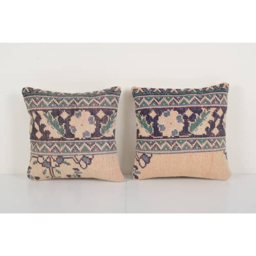 Pair Vintage Ecru Turkish Rug Pillow | Sham in Linens & Bedding by Vintage Pillows Store. Item composed of cotton and fiber