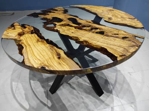 Custom Order 52" Olive Clear Round Epoxy Dining Table | Tables by LuxuryEpoxyFurniture. Item composed of wood and synthetic