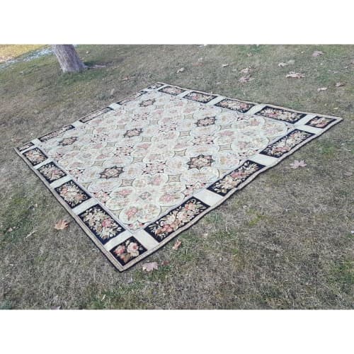 Vintage Aubusson Turkish Needlepoint Rug - 7'9'' X 9'6'' | Area Rug in Rugs by Vintage Pillows Store. Item composed of cotton and fiber