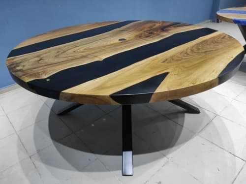 Custom 72" Diameter, Round Walnut Wood, Black Epoxy Study | Dining Table in Tables by LuxuryEpoxyFurniture. Item made of wood with synthetic