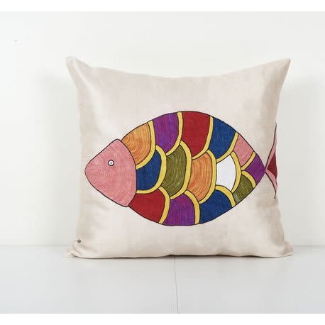 Suzani Silk Animal Pillow Cover, Handmade Embroideredx Fish | Cushion in Pillows by Vintage Pillows Store