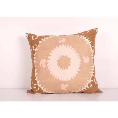 Turkish Brown and Pink Suzani Cushion Cover, Square Suzani P | Pillows by Vintage Pillows Store