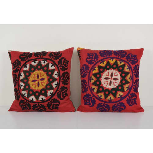 Set of Two Suzani Red Cushion Cover, Tribal Square | Sham in Linens & Bedding by Vintage Pillows Store. Item made of cotton with fiber