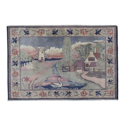 Vintage Village Pictorial Turkish Kars Rug 3'5'' X 5'2'' | Area Rug in Rugs by Vintage Pillows Store. Item composed of cotton and fiber