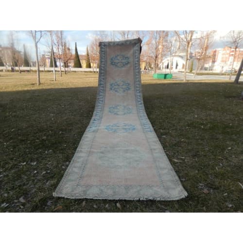 1970s Vintage Turkish Oushak Rug Runner- Pastel Hallway | Runner Rug in Rugs by Vintage Pillows Store. Item made of cotton with fiber