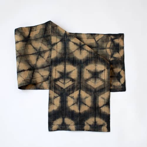 Raffia Shibori Table Runner - Turtle Pattern - Charcoal | Linens & Bedding by Tanana Madagascar. Item composed of fabric and fiber