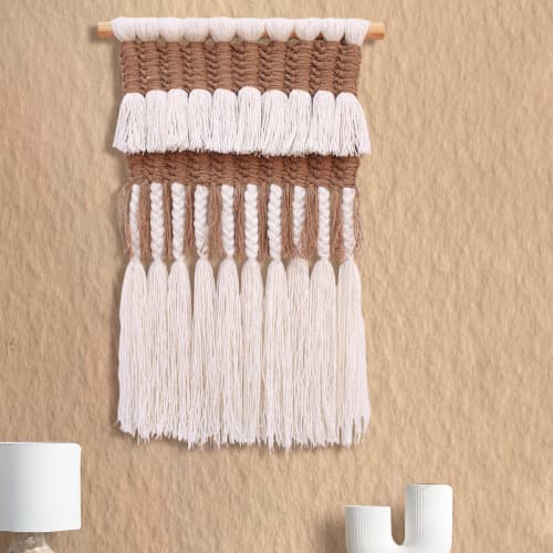 Handwoven Wool Jute Wall Hanging, Boho Farmhouse Fringe Decor | Wall Hangings by Swiflo