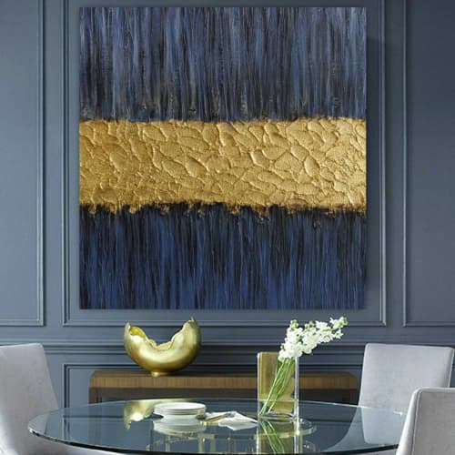 Navy blue wall art original gold leaf wall art gold skyline | Oil And Acrylic Painting in Paintings by Berez Art. Item made of canvas