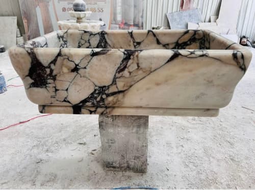 Hand-Carved Marble Bathtub – Sculptural Freestanding Tub | Custom Sizes | Optional Matching Floor & Wall Marble | Water Fixtures by AEGEAN MARBLE ARTISAN ATELIER