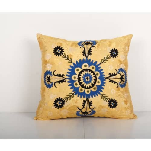 Yellow Suzani Cushion Cover, Floral pillow cover from Uzbeki | Pillows by Vintage Pillows Store
