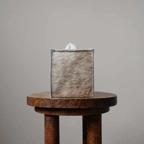 Cream & Tawny Brown Hair-On-Hide Leather Single Tissue Box Cover | Toiletry in Storage by Vantage Design