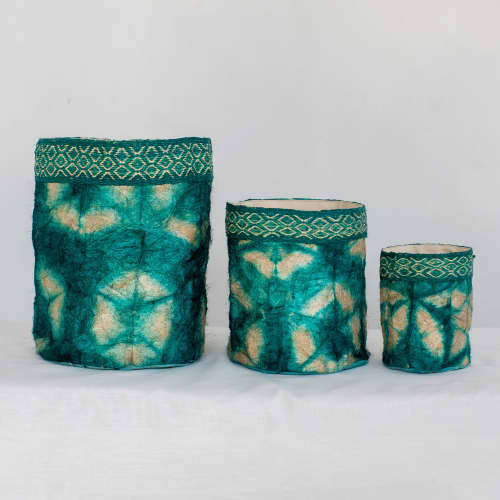 Wild Silk Shibori Baskets-Turtle Pattern - Emerald & Natural | Storage Basket in Storage by Tanana Madagascar. Item composed of cotton