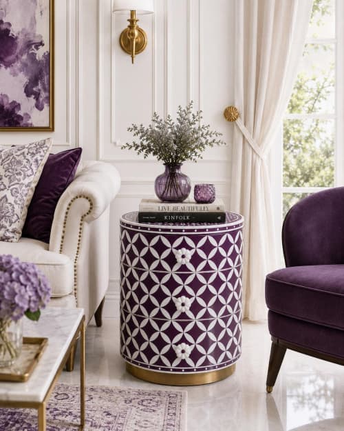 Handmade Bone Inlay Round Eclectic Nightstand, Purple Moroccan 3 Drawer Bedside Table | Storage by IKKAZA