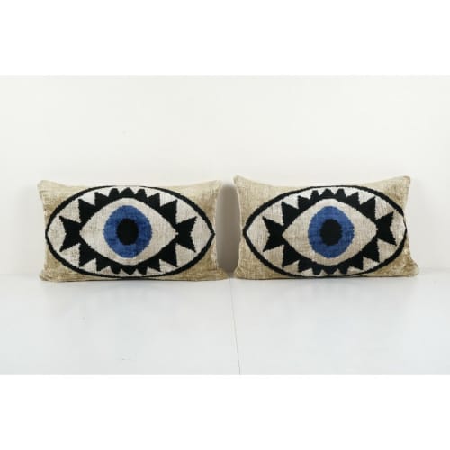 Ikat Eye Beige Pillow Cover - Handloom Blue Silk Ikat Velvet | Sham in Linens & Bedding by Vintage Pillows Store. Item composed of cotton