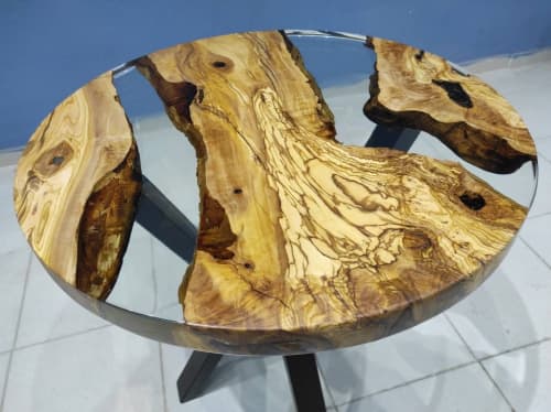 Custom Order 28" Diameter, Round Olive Wood, Clear Epoxy | Dining Table in Tables by LuxuryEpoxyFurniture. Item composed of wood and synthetic