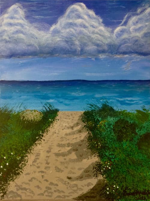Edge of Calm - Framed Original Coastal Pathway Seascape Painting | Oil And Acrylic Painting in Paintings by Eman's Gallery