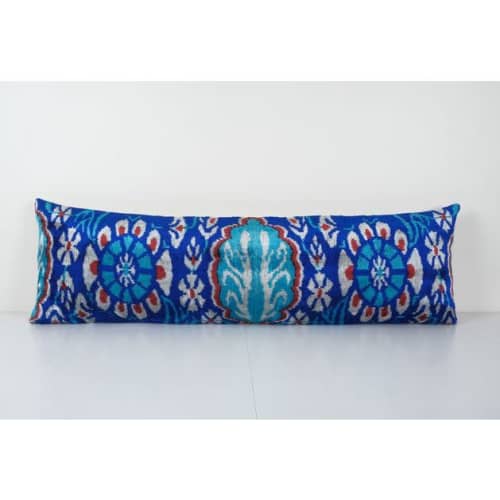 Blue Ikat Velvet Pillow, Silk Velvet Bedding Lumbar Pillow, | Cushion in Pillows by Vintage Pillows Store