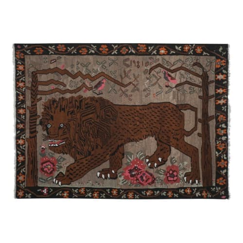 Vintage Anatolian Gabbeh Lion Kilim Rug 6'12'' x 10'1'' | Runner Rug in Rugs by Vintage Pillows Store. Item composed of cotton and fiber