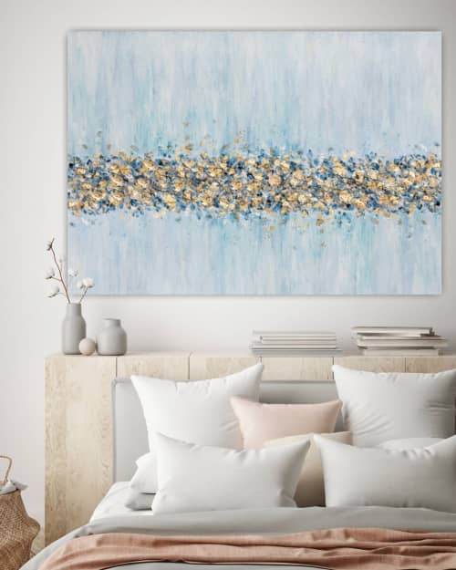 Gold leaf golden painting gold wall art blue 3d textured | Oil And Acrylic Painting in Paintings by Berez Art. Item made of canvas works with modern style