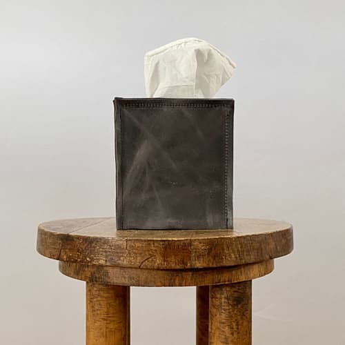 Charcoal Grey Leather Single Tissue Box Cover | Decorative Box in Decorative Objects by Vantage Design