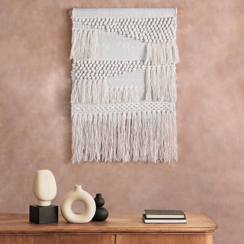 Handwoven Ivory Wall Hanging, Boho Textured Tapestry, Farmhouse Decor | Wall Hangings by Swiflo