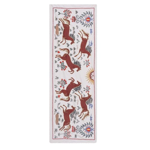 Suzani Tapestry With Horse Design, Animal Pictorial Red Silk | Table Runner in Linens & Bedding by Vintage Pillows Store