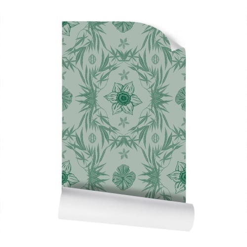 IVI Poppy Daisies & Cannabis Leaves Green | Wallpaper in Wall Treatments by Sean Martorana. Item made of paper