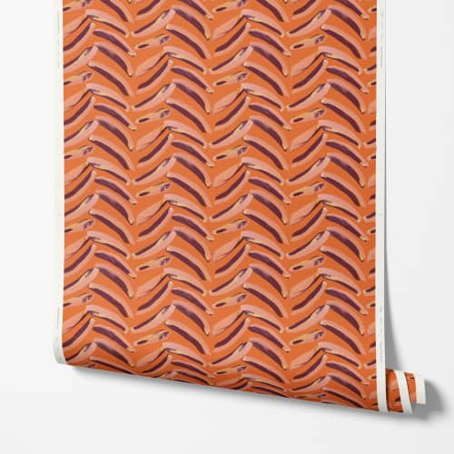 Swipes Orange Wallpaper | Wall Treatments by Color Kind Studio. Item composed of fabric and paper