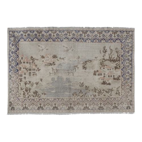 Mid 20th century Art Deco Pictorial Turkish Oushak Rug | Area Rug in Rugs by Vintage Pillows Store. Item made of cotton with fiber
