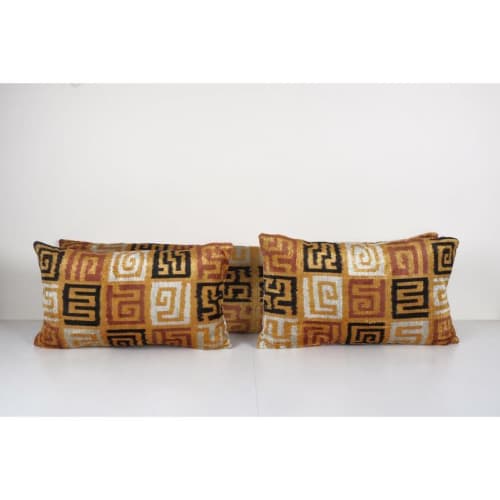 Colorful Ikat Velvet Pillow - Set of Two Lumbar Silk Cushion | Pillows by Vintage Pillows Store