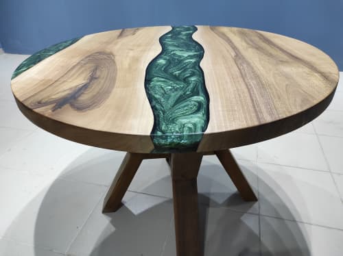 Custom Order Diameter Walnut Green Epoxy Dining Table | Tables by LuxuryEpoxyFurniture. Item composed of wood & synthetic