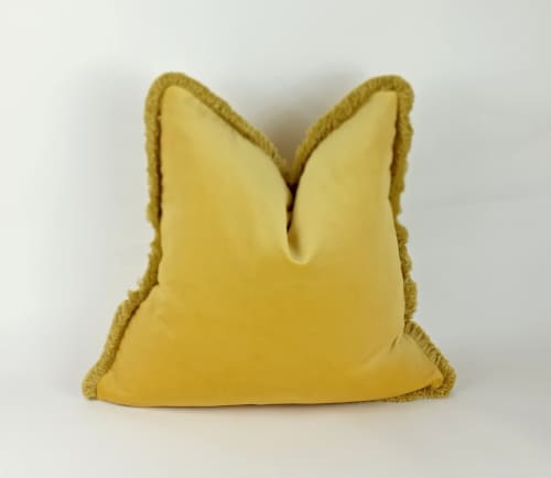 Yellow brush fringe pillow cover, yellow velvet brush fringe | Cushion in Pillows by velvet + linen