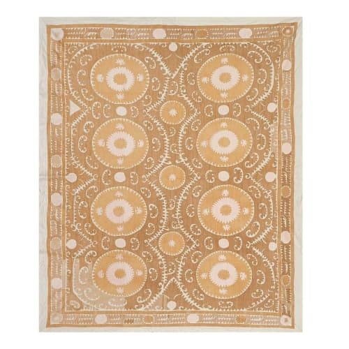 Vintage Suzani Bedspread with Pastel Colors, Tan Old Embroid | Tablecloth in Linens & Bedding by Vintage Pillows Store
