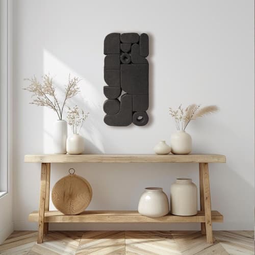 Textured 3D Black Wall Art – Dark Irregular Minimalist Sculpture – Unique Geometric Home Decor – Modern Housewarming Gift | Wall Sculpture in Wall Hangings by Vaiva Art Atelier