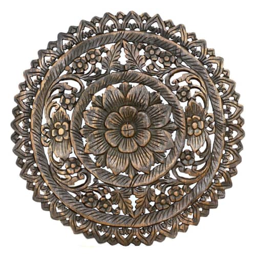 Haussmann® Teak Lotus Panel Inlay Round 60 cm H Black Stain | Engraving in Art & Wall Decor by Haussmann®