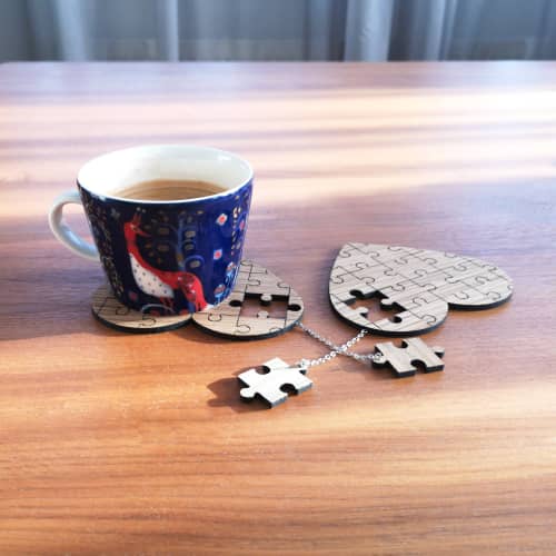 Playful heart shape puzzle coasters "Together". Set of 2 | Tableware by DecoMundo Home. Item made of oak wood works with boho & minimalism style