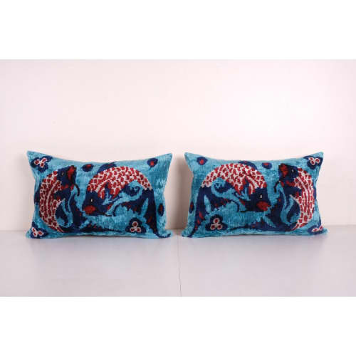 Pair Fish Silk Ikat Velvet Pillow, Set of Two Animal Ikat Lu | Cushion in Pillows by Vintage Pillows Store