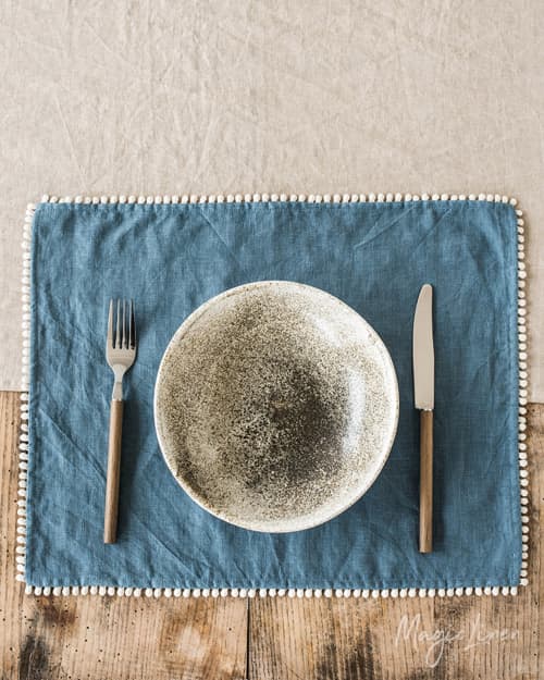 Pom Pom Trim Linen Placemat Set Of 2 | Tableware by MagicLinen. Item made of fabric